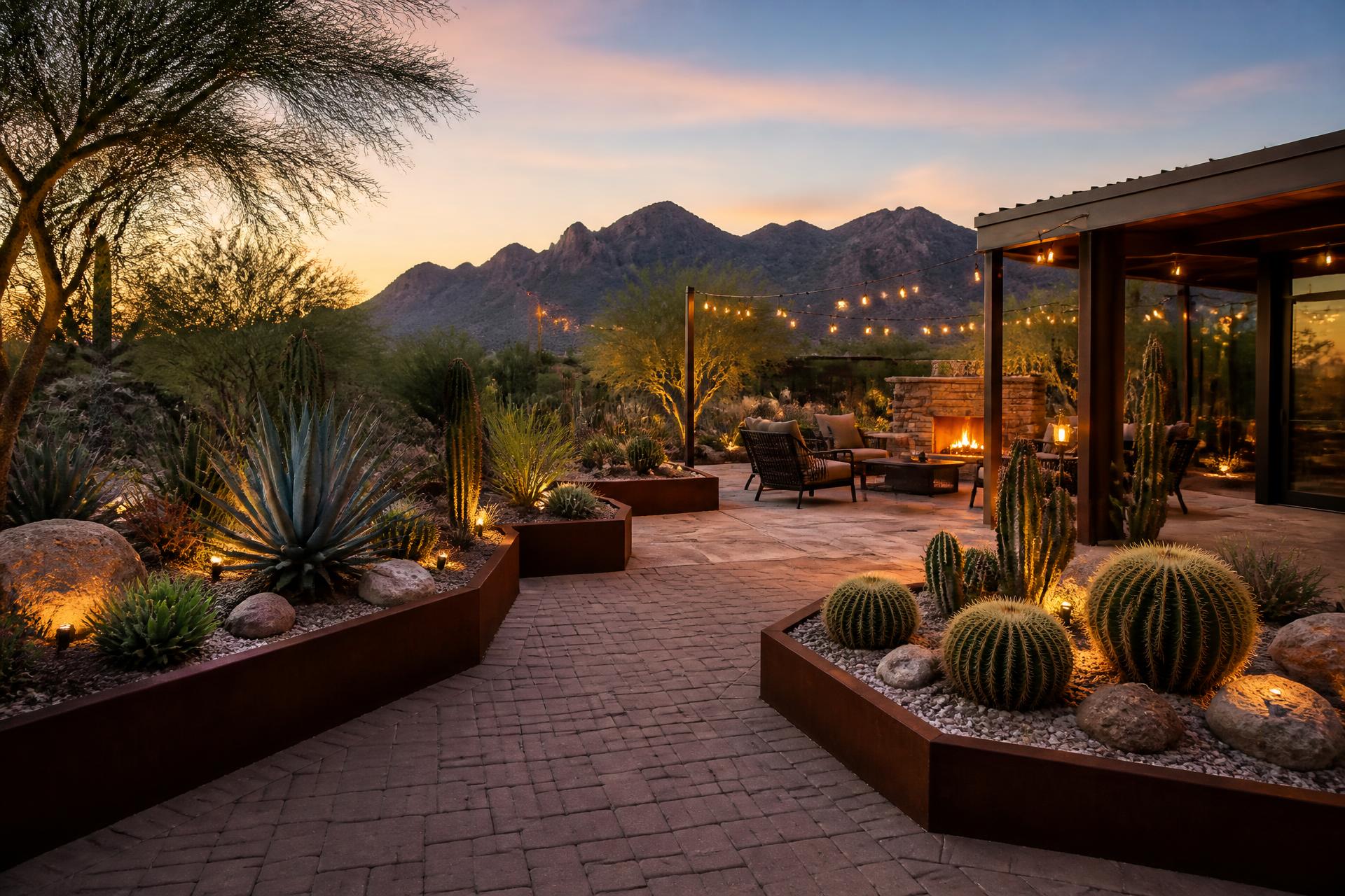 Modern Phoenix desert landscape design with lit planters, cacti and a paver patio at sunset